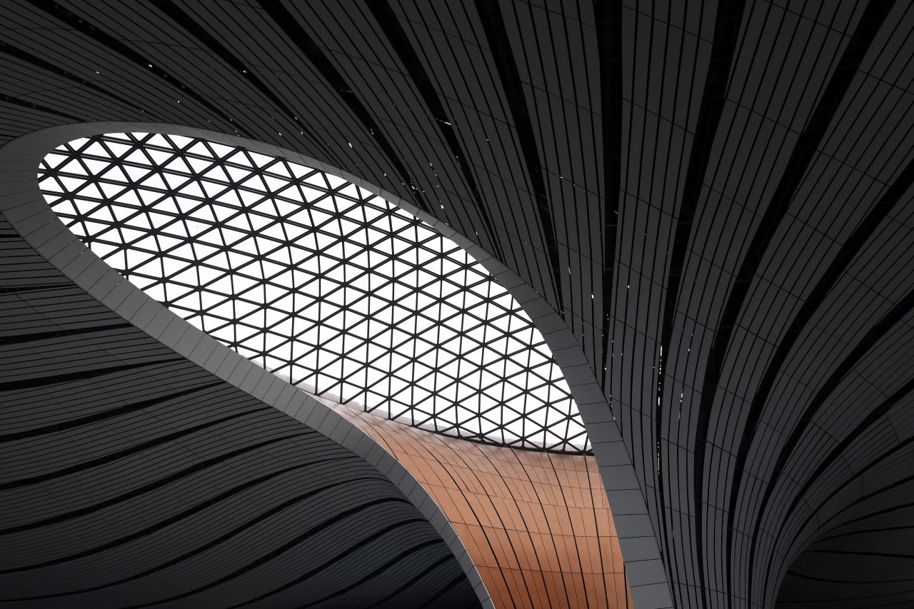 A skylight is seen in the terminal building of the new Beijing Daxing International Airport in Beijing on July 9, 2019. - The new airport was officially completed on June 30, and is scheduled to open on September 30, 2019, a day before China celebrates the Communist government