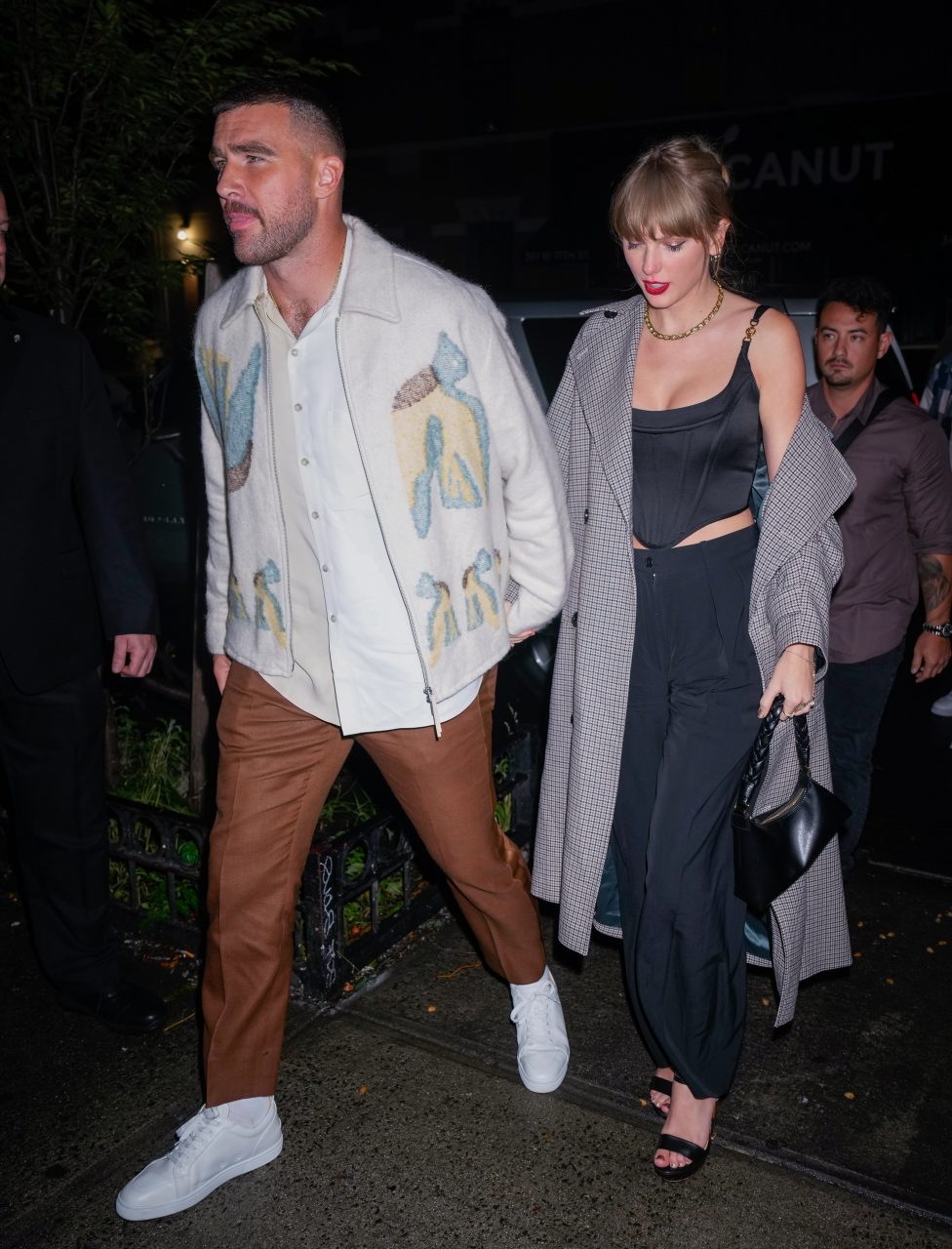 NEW YORK, NEW YORK - OCTOBER 15: Travis Kelce and Taylor Swift arrive at SNL Afterparty on October 15, 2023 in New York City. (Photo by Gotham/GC Images)